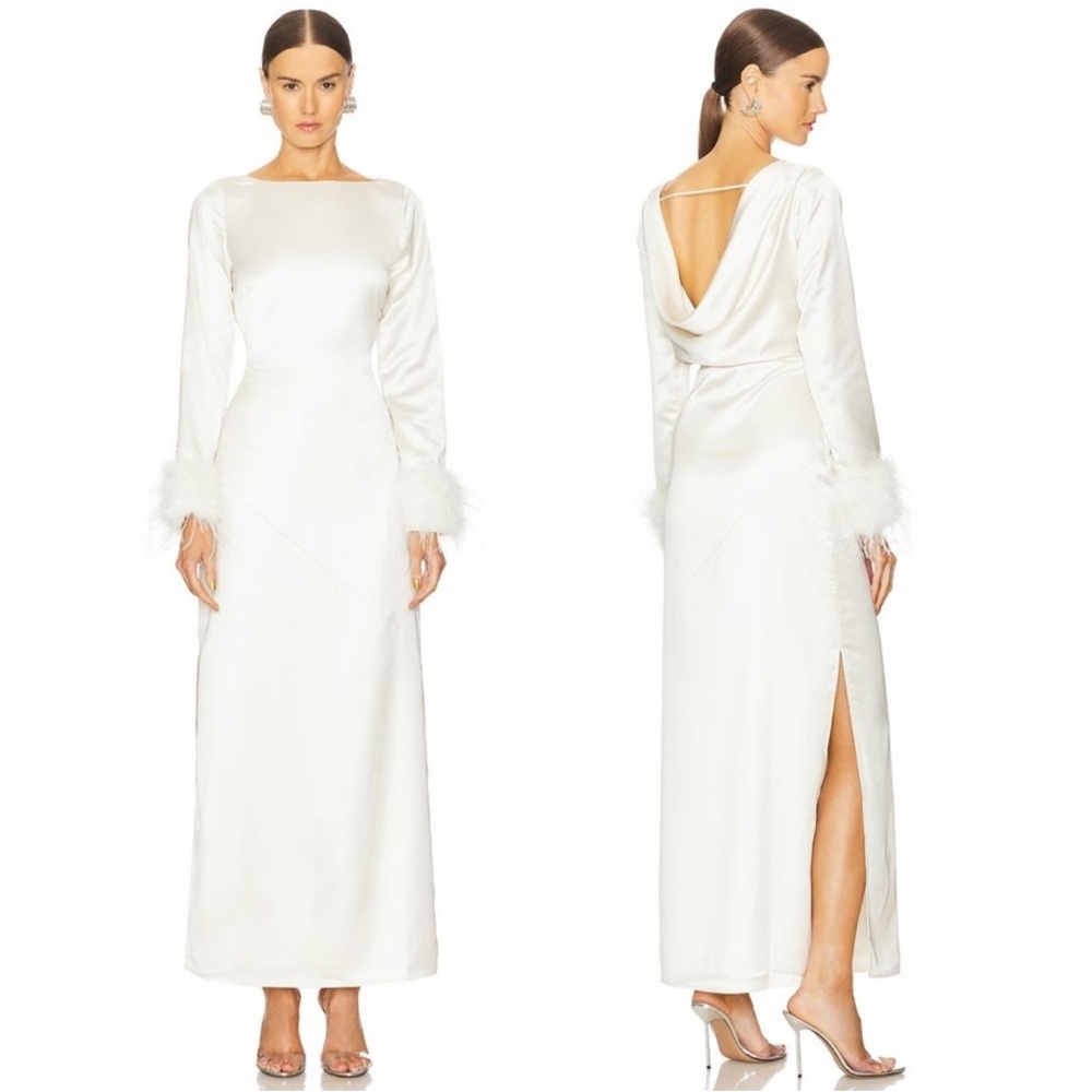 REVOLVE White Satin Long-Sleeve Maxi Dress with Feather Cuffs